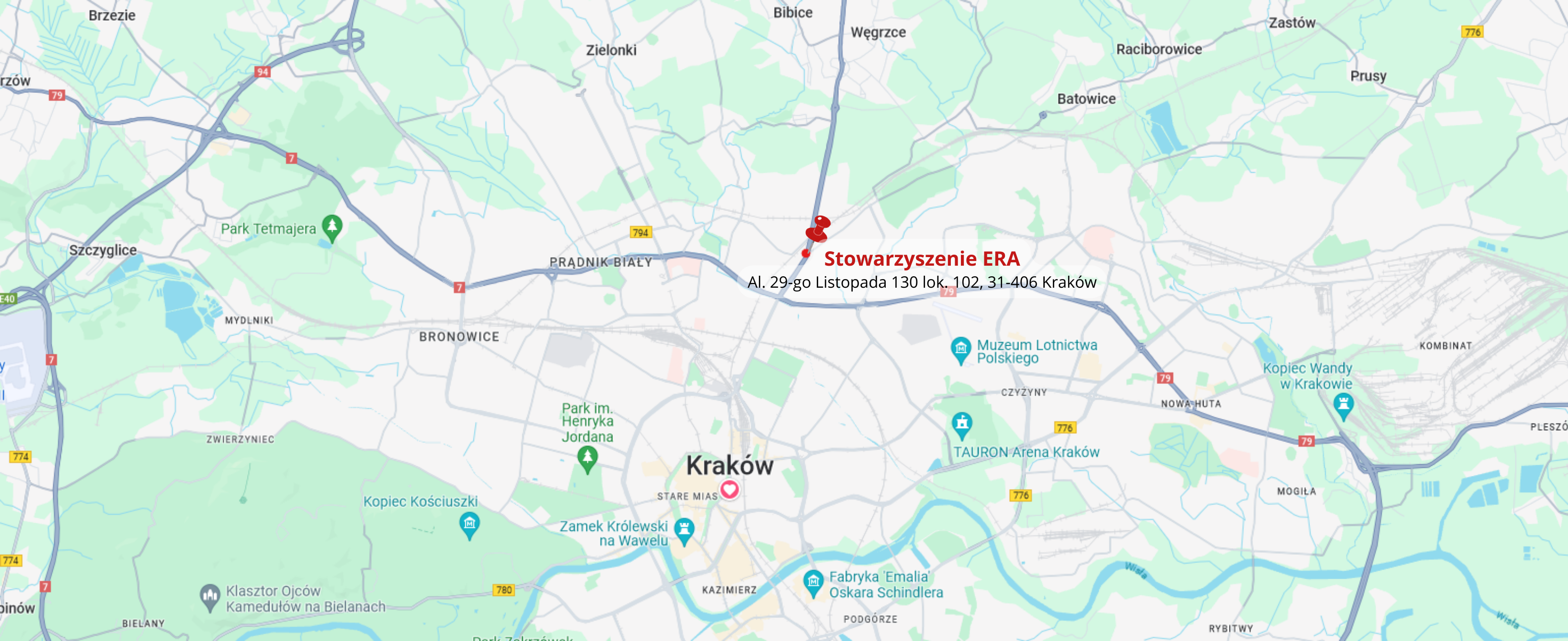 Mapa Krakowa z zaznaczonym Stowarzyszeniem ERA