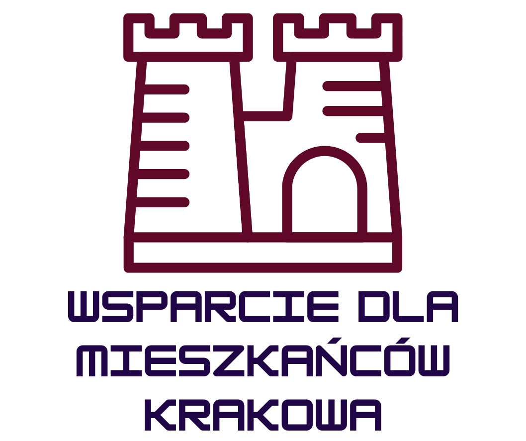 Ikona z zamkiem i napisem "wsparcie dla mieszkańców Krakowa"