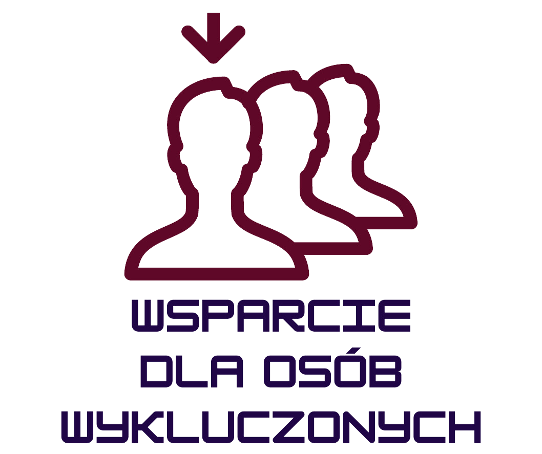 Ikona z ludźmi i strzałką wskazującą jedną osobę oraz napisem "wsparcie dla osób wykluczonych"